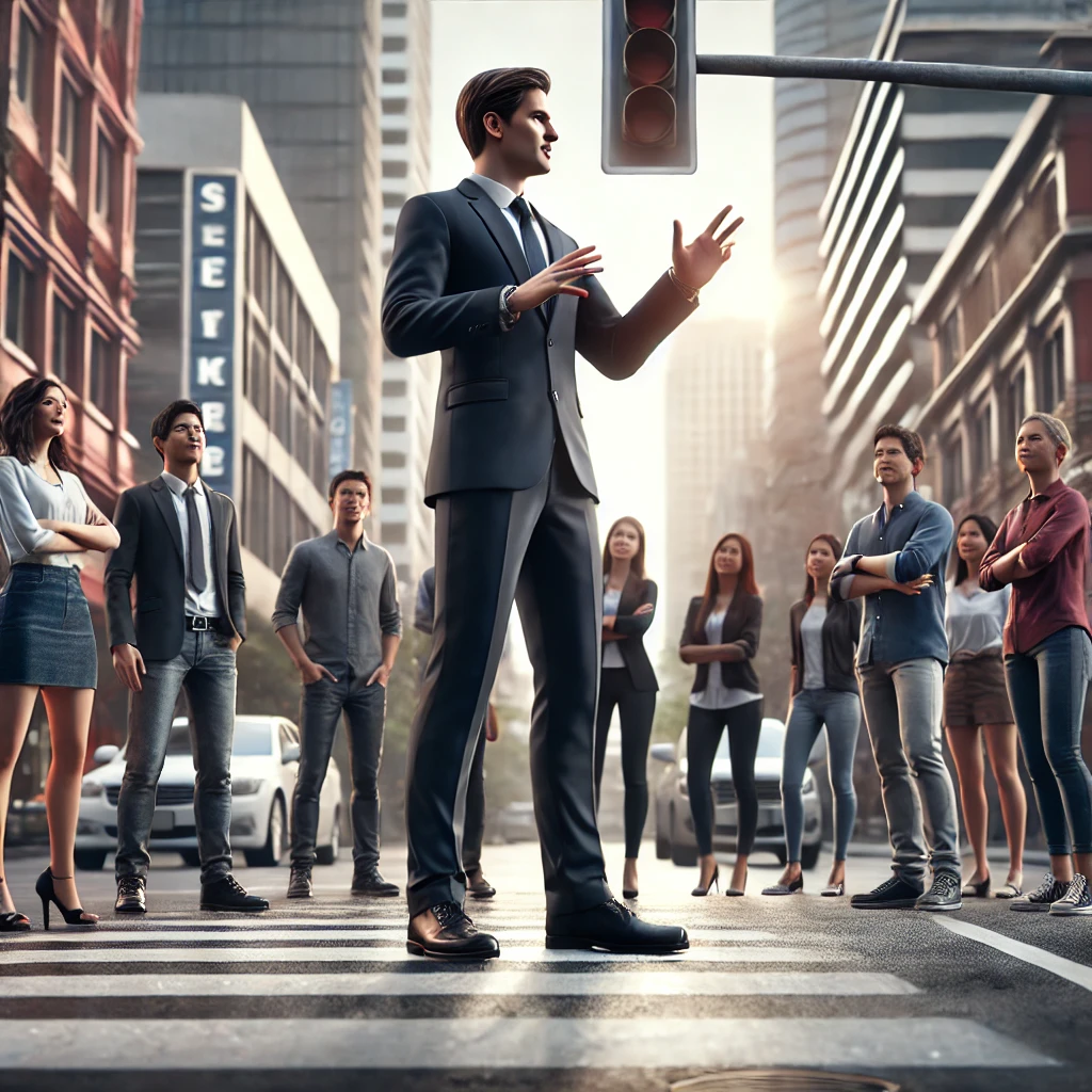 DALL·E 2024-11-22 09.08.30 - A realistic image of a person confidently leading a group of people in the middle of a busy city street. The leader stands at the forefront, gesturing