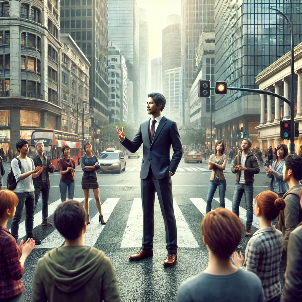 DALL·E 2024-11-22 09.09.32 - A realistic depiction of a confident leader standing in the middle of a busy urban street, addressing a group of attentive individuals. The leader is