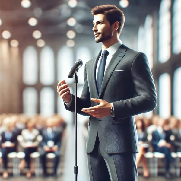 DALL·E 2024-11-21 08.19.55 - A professional depiction of a man in a modern suit speaking to an audience. He is standing confidently on a stage with a microphone in hand, gesturing