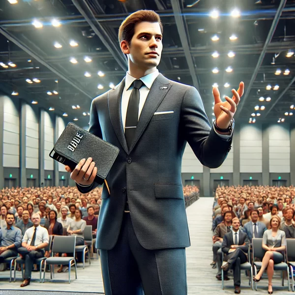 DALL·E 2024-11-21 08.21.28 - A highly realistic image of a man in a modern, dark business suit holding a Bible in one hand and speaking on a stage in front of a live audience. He