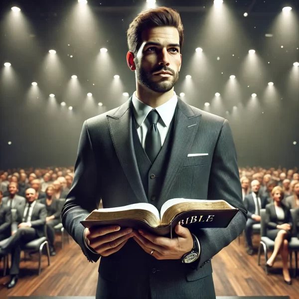 DALL·E 2024-11-21 08.22.55 - A highly realistic depiction of a man in a dark modern business suit holding an open Bible in both hands while speaking on a stage. The man exudes con