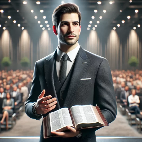 DALL·E 2024-11-21 08.23.57 - A realistic image of a man in a modern dark business suit standing confidently on a stage, holding an open Bible in one hand as he speaks to an audien