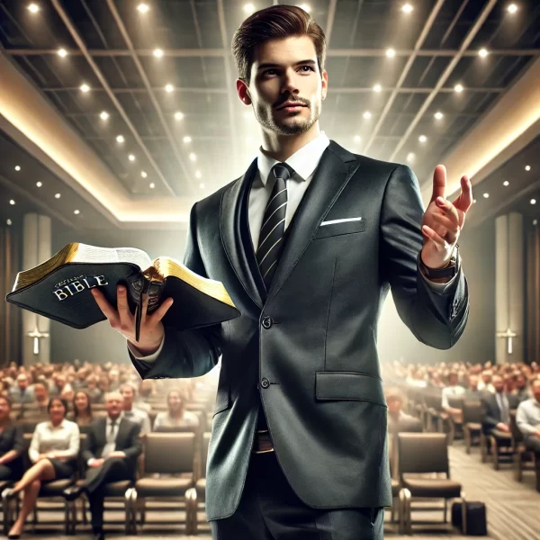 DALL·E 2024-11-21 08.25.14 - A realistic image of a man in a modern dark suit standing confidently on a stage, holding an open Bible in one hand while delivering a speech to an au