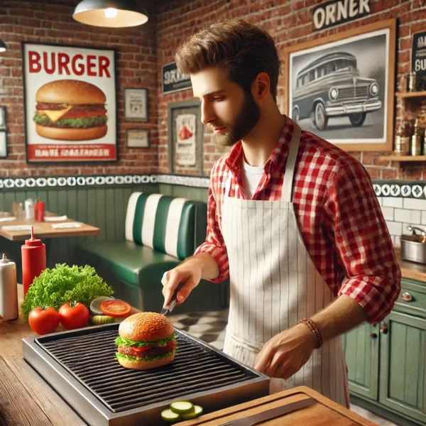 DALL·E 2025-03-21 17.31.59 - A realistic scene of a male chef working in a cozy, vintage-style burger joint. The chef is grilling a hamburger on a traditional cast iron grill, wea