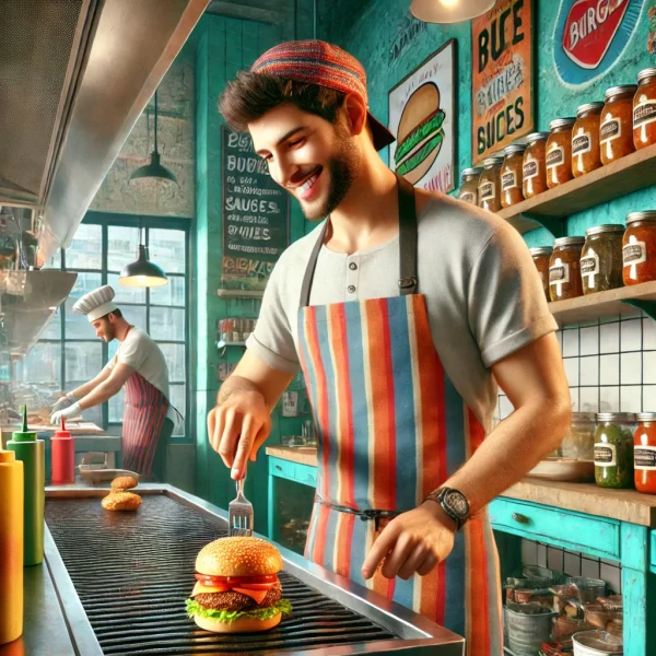 DALL·E 2025-03-21 17.34.41 - A realistic scene of a male chef working in a vibrant, colorful burger restaurant with a fun and energetic atmosphere. The chef, wearing a colorful ap